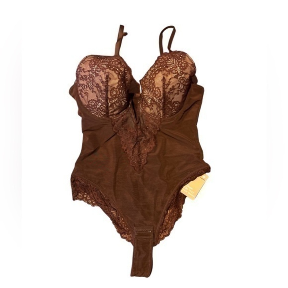 Popilush Women's Lace Bodysuit Shapewear Adjustable Straps - Brown/Large